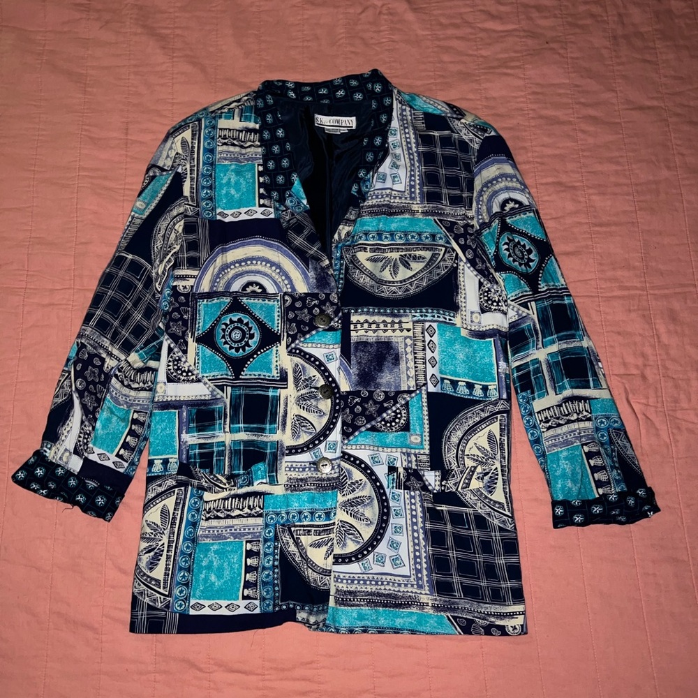 Chic Patchwork Blazer in Blue and Cream